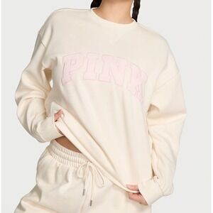 Victoria's Secret Pink Cream Ivory Lace PINK Spellout Crew Neck Sweatshirt M